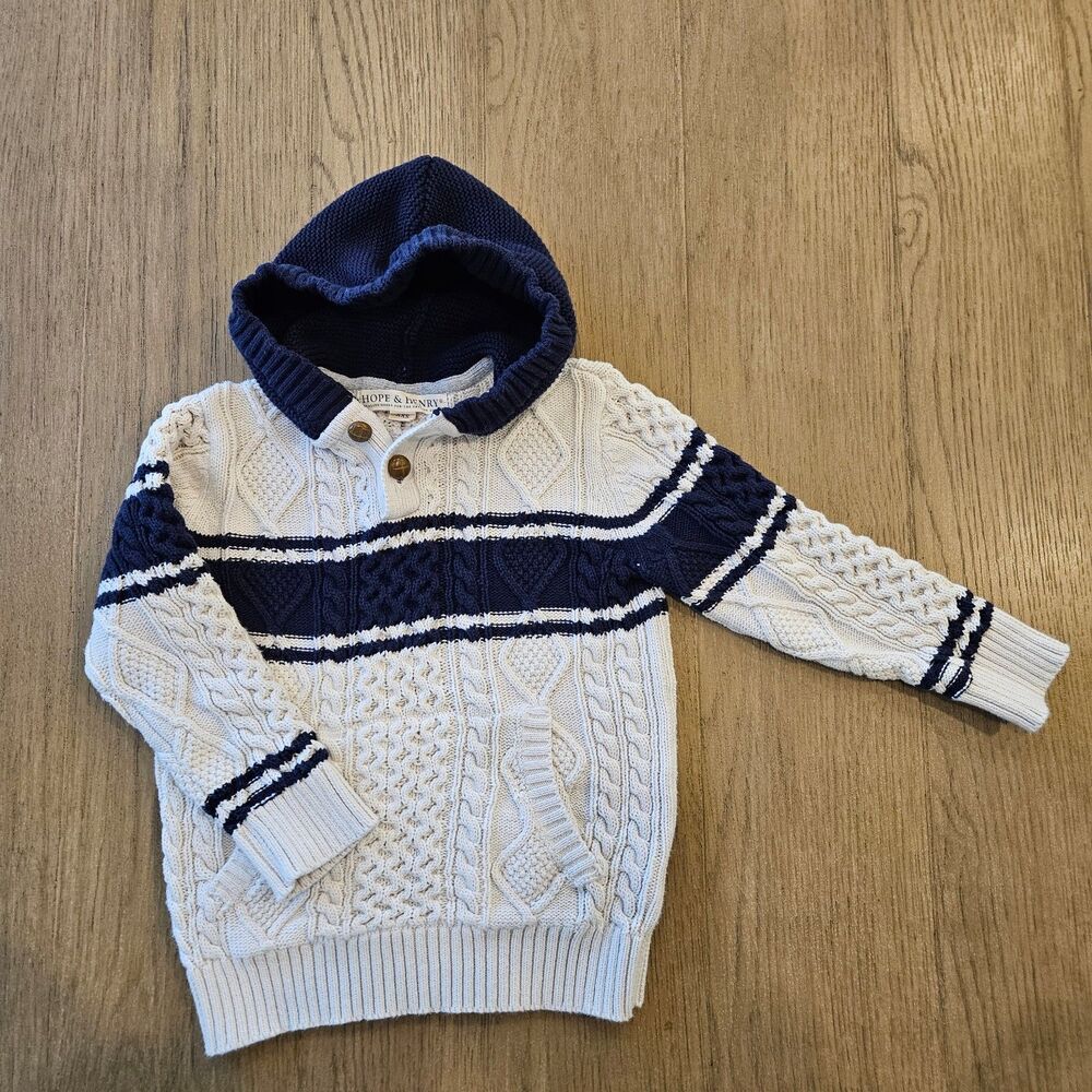 Hope & Henry Ivory and Blue Knit Sweater with a Hood Boy Size XXS